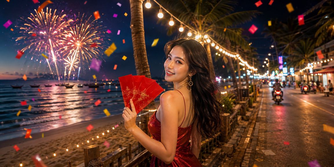 Phong bì đỏ thưởng bãi biển Mũi Né theo phong cách lễ hội Việt Nam